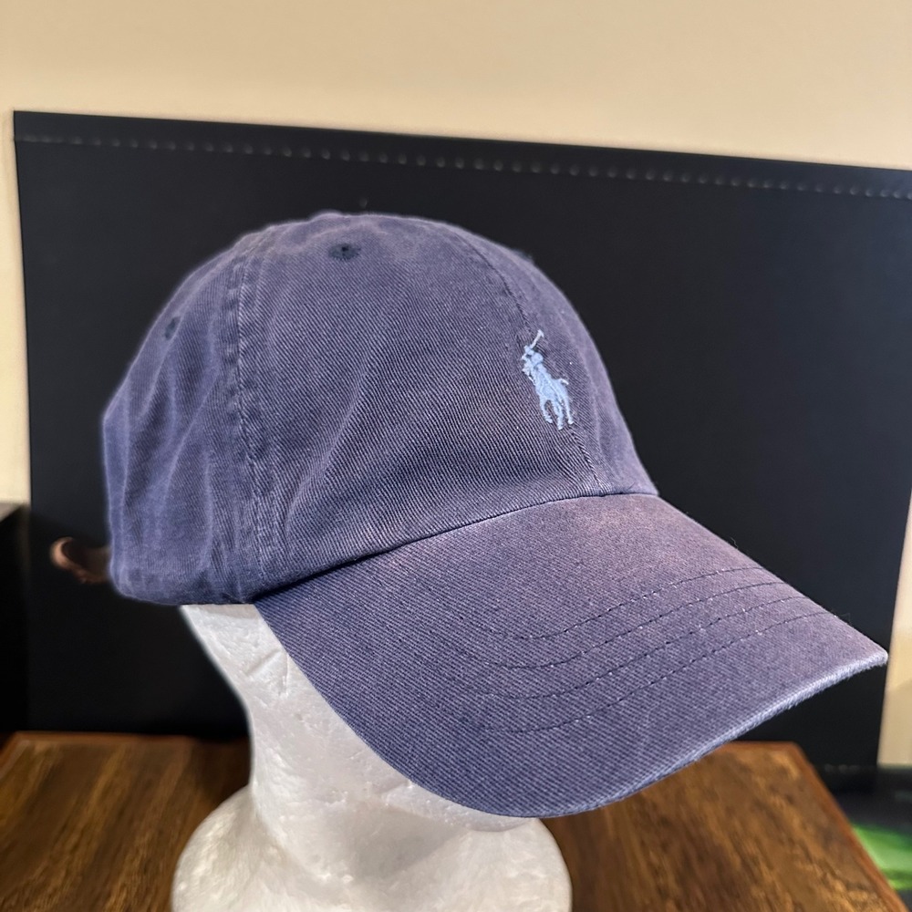 Polo Ralph Lauren Mens Navy Blue Pony Logo Leather Strapback Baseball Hat Cap